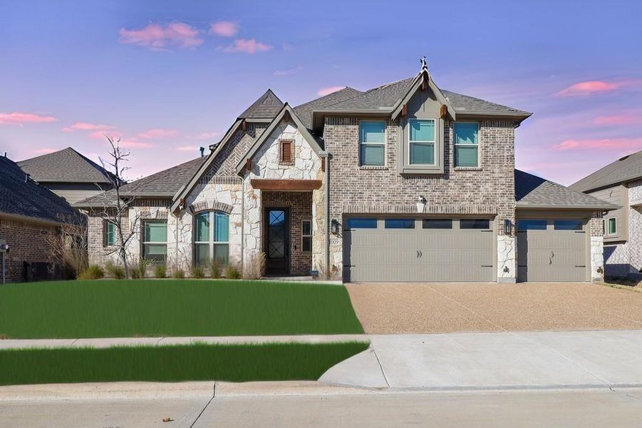 Two-story residence featuring a mixed brick and stone facade with decorative timber accents Two-story residence featuring a mixed brick and stone facade with decorative timber accents