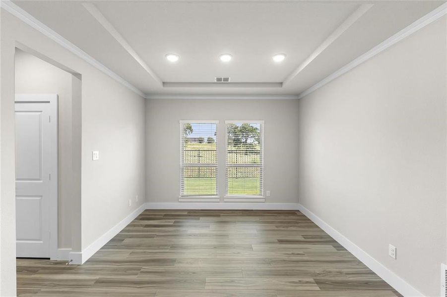 Interior room with wood-finish flooring, light-toned walls, and a tray ceiling with recessed lighting Interior room with wood-finish flooring, light-toned walls, and a tray ceiling with recessed lighting