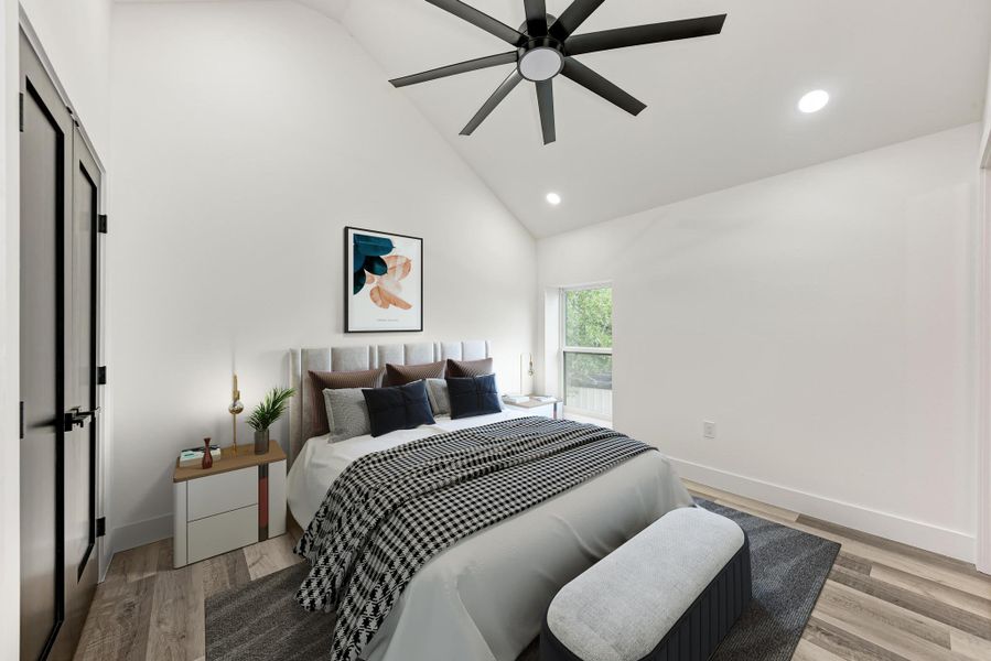 Guest bedroom upstairs in main home virtually staged