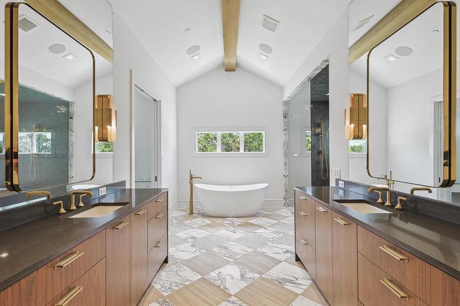 Bathroom with lofted ceiling with beams, tile patterned floors, a bath, and a wealth of natural light