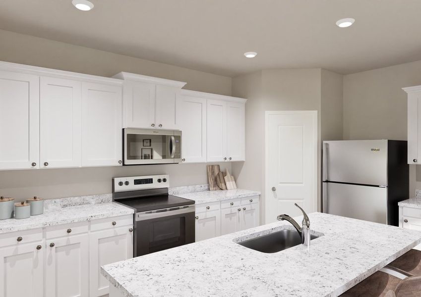 Modern kitchen with white cabinets, granite countertops, and stainless steel appliances. Central island with sink and seating for three. Bright and clean design. Modern kitchen with white cabinets, granite countertops, and stainless steel appliances. Central island with sink and seating for three. Bright and clean design.