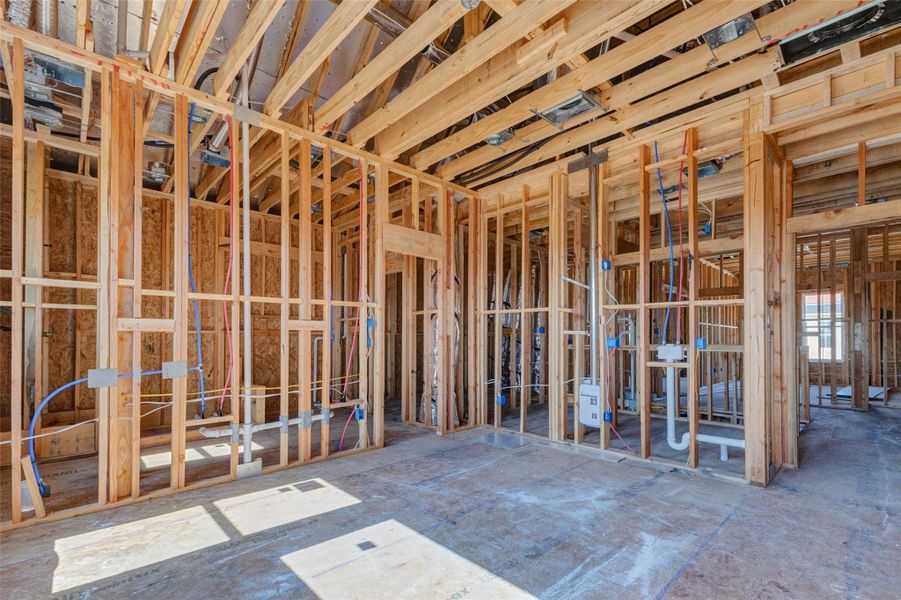 Construction progress view showing future bathroom and adjoining room framing, including plumbing rough-ins, electrical lines, and mechanical components. This image gives buyers a behind-the-scenes look at the home’s infrastructure and how the private living areas are being carefully planned and connected. Construction progress view showing future bathroom and adjoining room framing, including plumbing rough-ins, electrical lines, and mechanical components. This image gives buyers a behind-the-scenes look at the home’s infrastructure and how the private living areas are being carefully planned and connected.