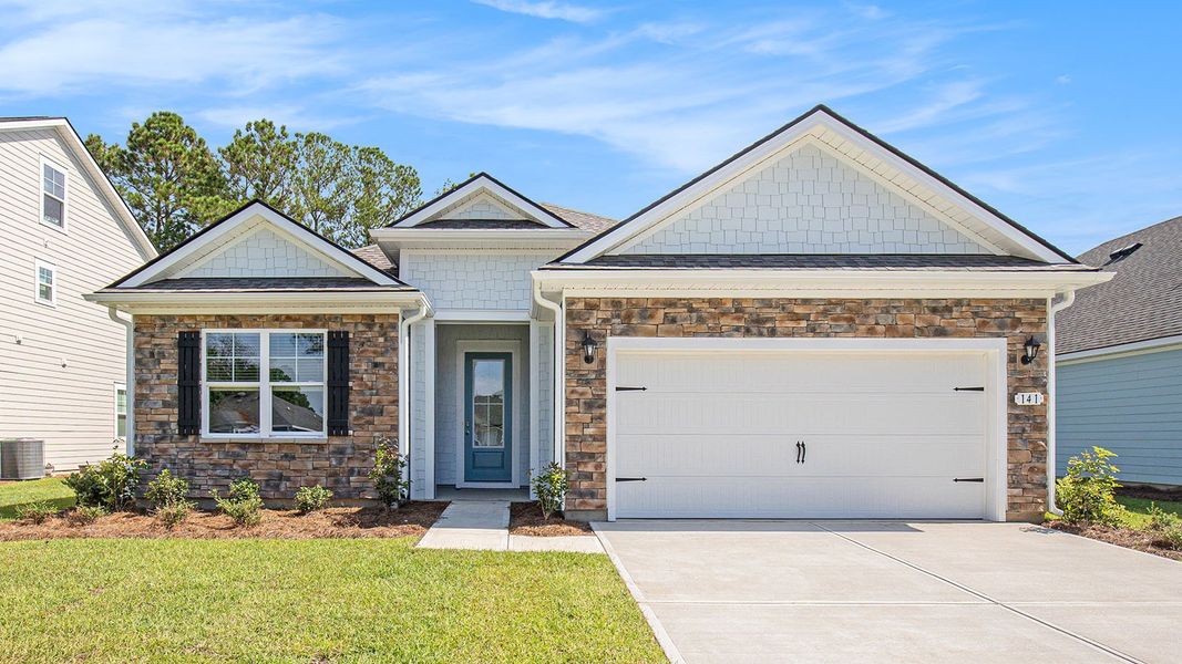 Front exterior of a new home in The Bluffs at Mill Creek, Florence, SC, highlighting curb appeal (Image 1). Front exterior of a new home in The Bluffs at Mill Creek, Florence, SC, highlighting curb appeal (Image 1).