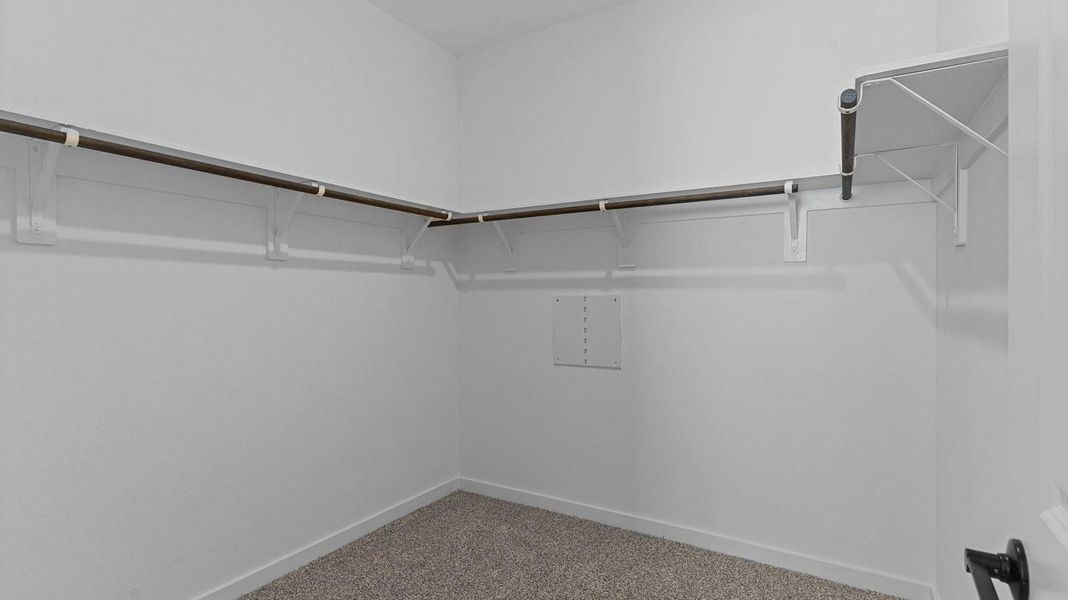 A spacious walk-in closet off the primary bathroom with multiple hanging rods, and shelves for maximum storage capabilities.