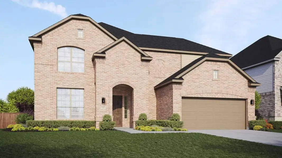 Front exterior of a new home in Hawkes Landing, Leander, TX, highlighting curb appeal (Image 1). Front exterior of a new home in Hawkes Landing, Leander, TX, highlighting curb appeal (Image 1).