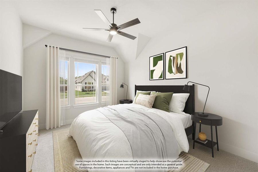 Bedroom with vaulted ceiling, ceiling fan, large window, and dark wood bed frame on carpet flooring
