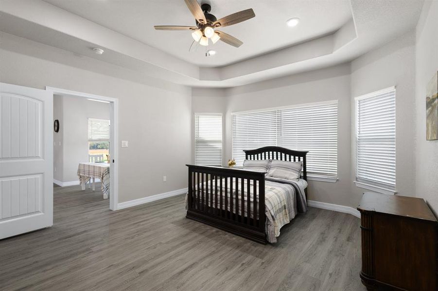 Bedroom with wood finished floors, a ceiling fan, a tray ceiling, and recessed lighting