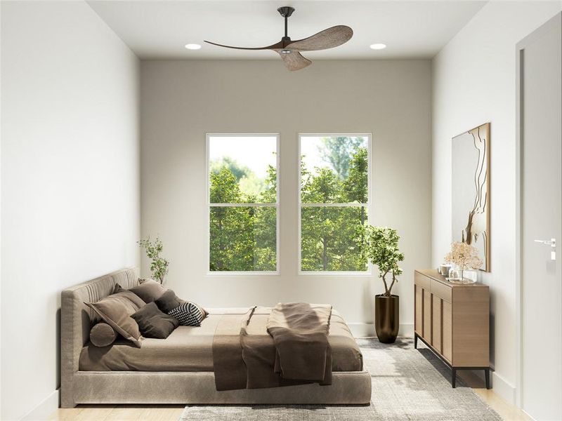 Contemporary bedroom featuring ample natural light from two large windows with a serene view, a cozy bed with stylish cushions, a modern ceiling fan, and elegant minimalist decor.