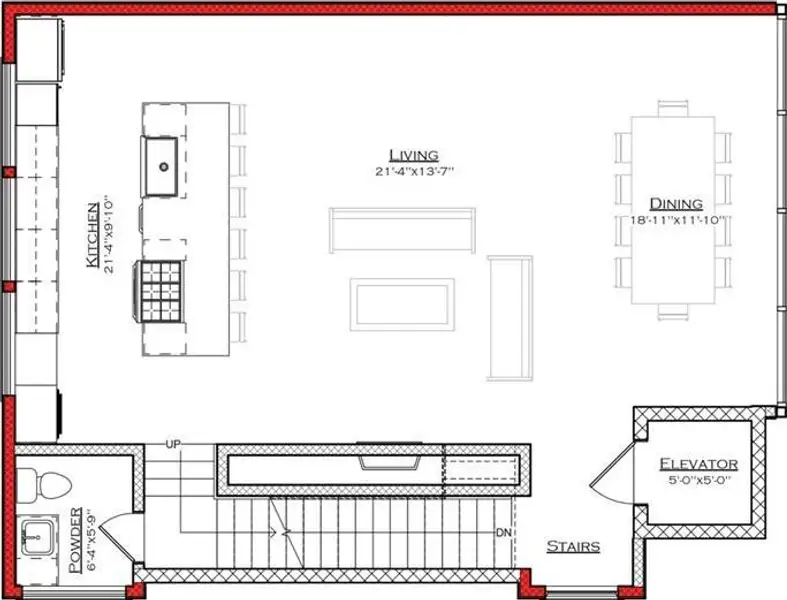 This floor plan features an open-concept kitchen, living, and dining area. The kitchen includes a large island, and the living space is centrally located. There's a powder room near the stairs, and an elevator for easy access. Ideal for modern living and entertaining. This floor plan features an open-concept kitchen, living, and dining area. The kitchen includes a large island, and the living space is centrally located. There's a powder room near the stairs, and an elevator for easy access. Ideal for modern living and entertaining.