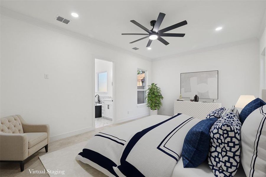 Carpeted bedroom featuring crown molding, a ceiling fan, recessed lighting, and connected bathroom