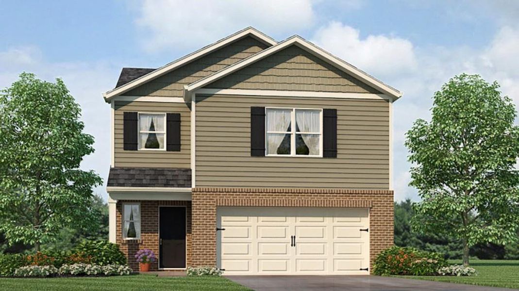 Front exterior of a new home in Oaks at Cedar Grove, Fairburn, GA, highlighting curb appeal (Image 1).
