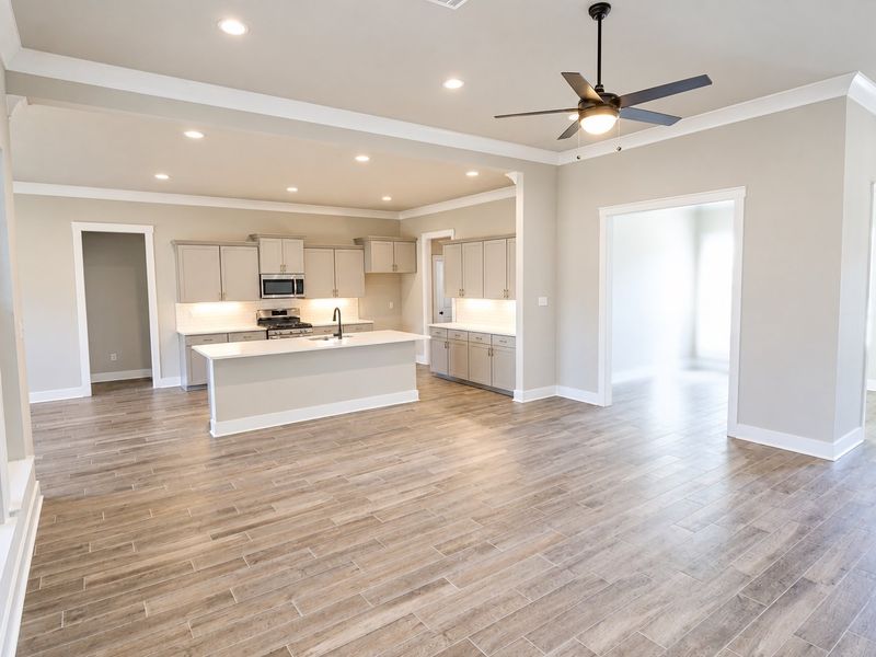 DSLD HOMES NEW CONSTRUCTION MOVE IN READY HOME IN LONGLEAF COMMUNITY LOCATED IN LUMBERTON, TX - Kitchen and living