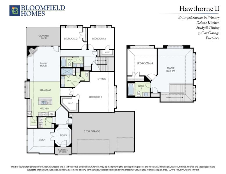 Bloomfield Homes Hawthorne II floor plan with four bedrooms, game room, study, and three-car garage layout. Bloomfield Homes Hawthorne II floor plan with four bedrooms, game room, study, and three-car garage layout.