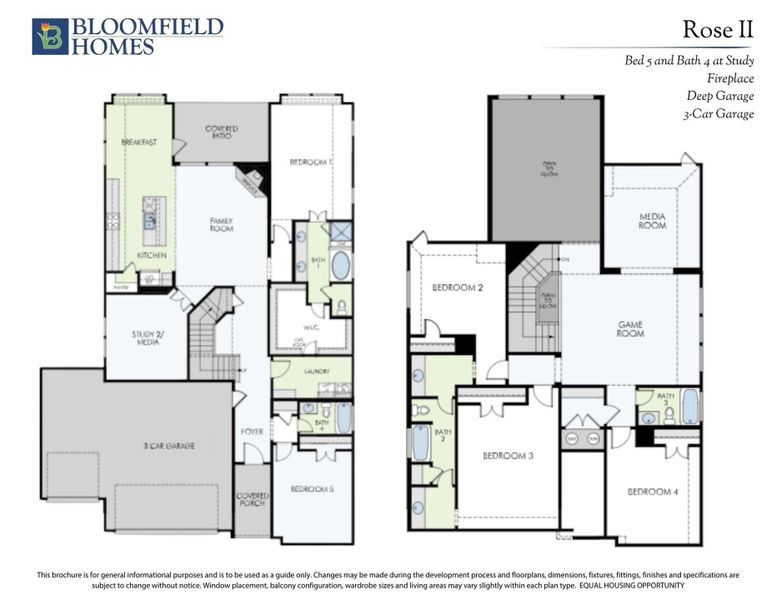 Bloomfield Homes Rose II floor plan showing two-story layout with 5 bedrooms, 4 baths, game room, and 3-car garage.