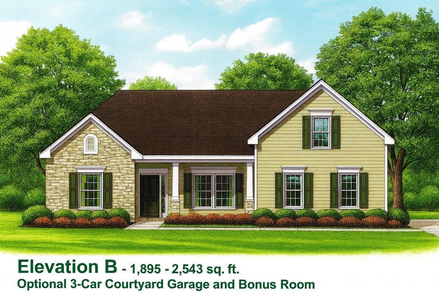 The Stephen Floor Plan includes a 3-car garage in this proposed build and offers optional features like a powder room, sunroom, screened rear porch, and a full bathroom next to  Bedroom #4.