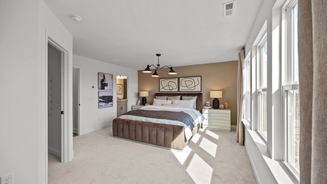 The Rochester Plan by DRB homes spacious & cozy primary bedroom with large windows letting in natural light in Charlotte, NC.