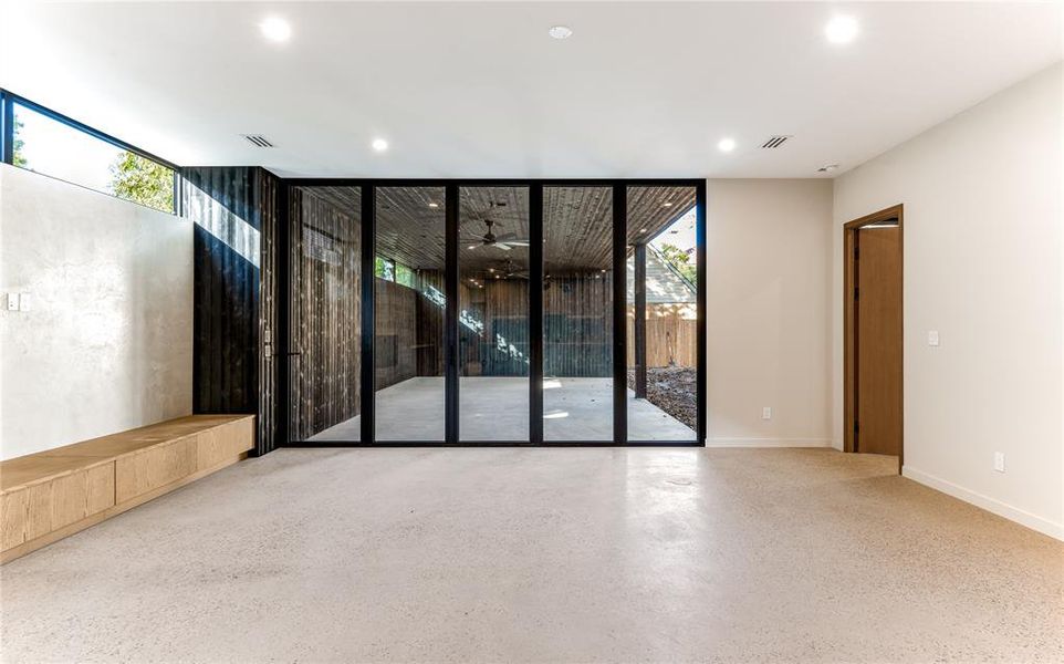 Living room with glass doors closed.