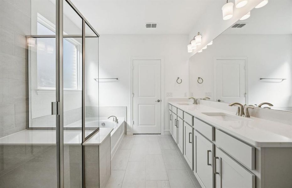 Modern owner's bath with dual vanities and a spacious shower *Model representation Modern owner's bath with dual vanities and a spacious shower *Model representation