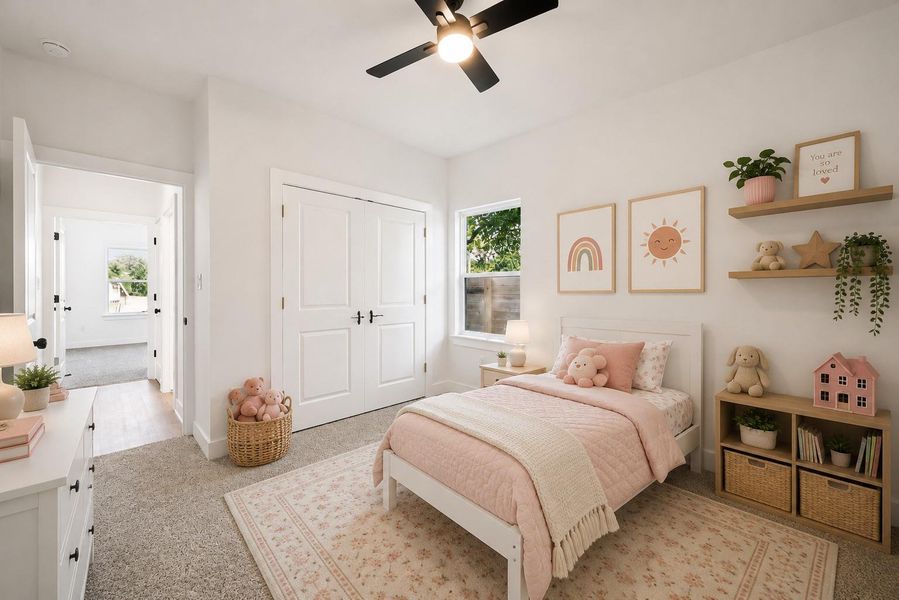 A well-lit bedroom features plush carpeting, a wide window, and a convenient closet with white double doors. A well-lit bedroom features plush carpeting, a wide window, and a convenient closet with white double doors.