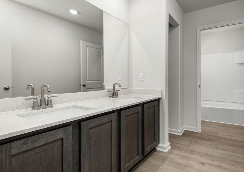 The secondary bathroom has a large vanity space. The secondary bathroom has a large vanity space.