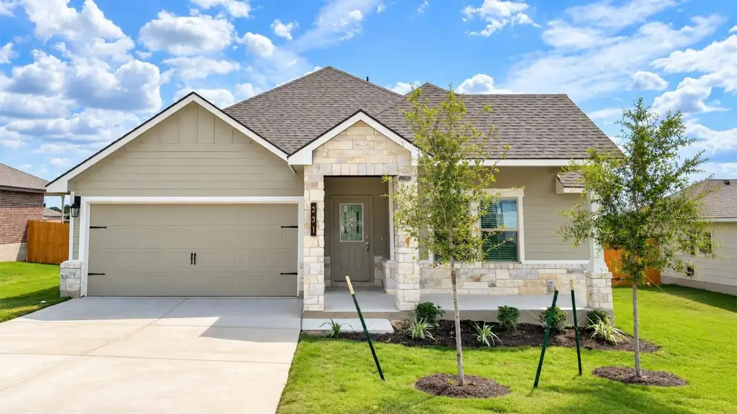 Front exterior of a new home in Creekfall, Burnet, TX, highlighting curb appeal (Image 1). Front exterior of a new home in Creekfall, Burnet, TX, highlighting curb appeal (Image 1).