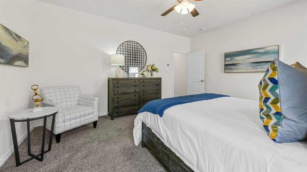 Carpeted bedroom with a built-in ceiling fan and light fixture