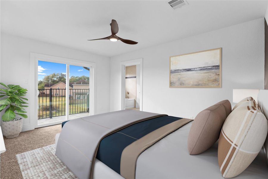 The primary suite boasts the chic stylish ceiling fan with light!  French doors open to the luxurious spa bathroom.* Virtual stage*