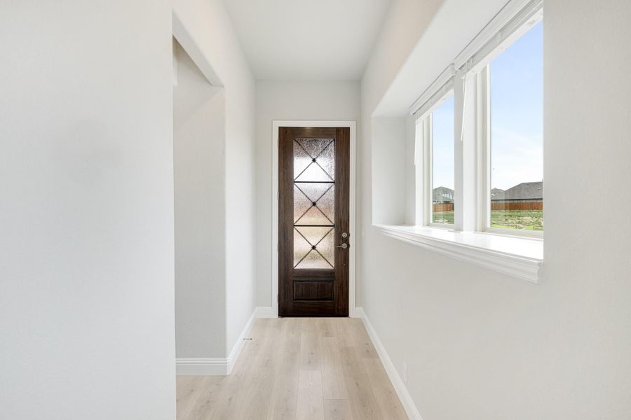 Entryway with dark wood front door featuring decorative glass panels, large side window, and light hardwood floors