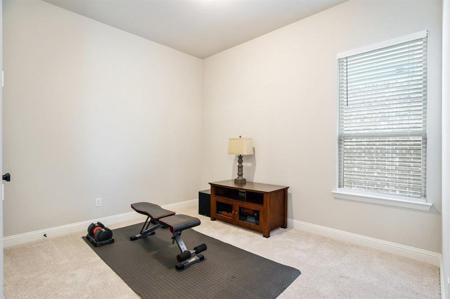 Exercise room featuring light carpet and baseboards Exercise room featuring light carpet and baseboards