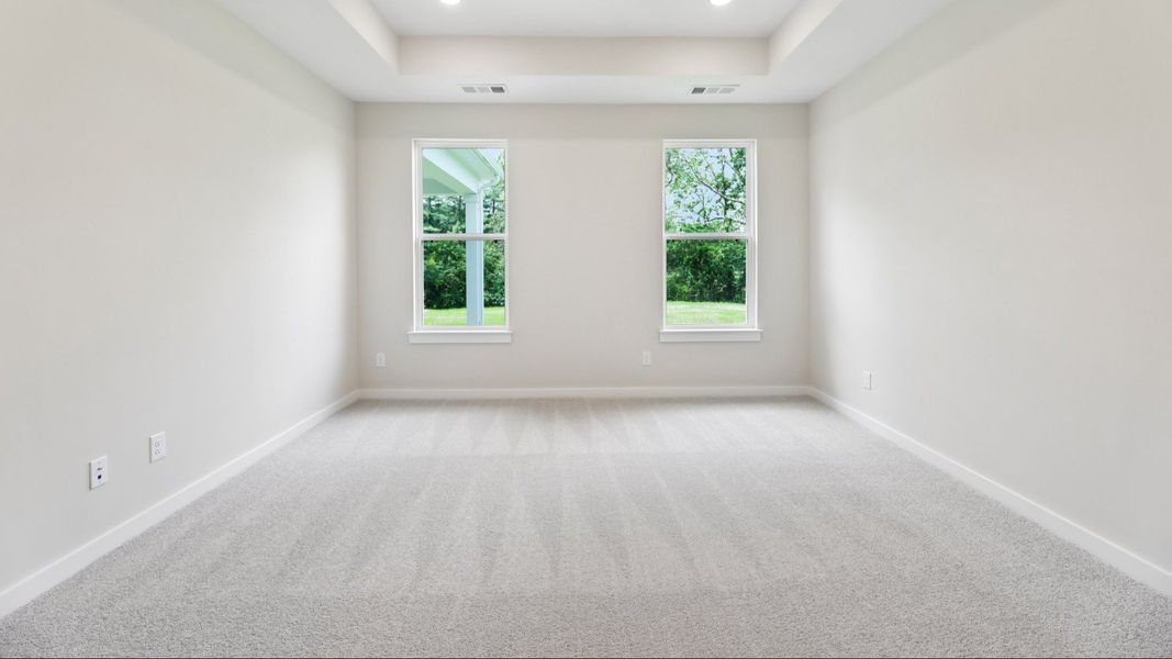 Primary suite with tray ceiling, windows, and carpet Primary suite with tray ceiling, windows, and carpet