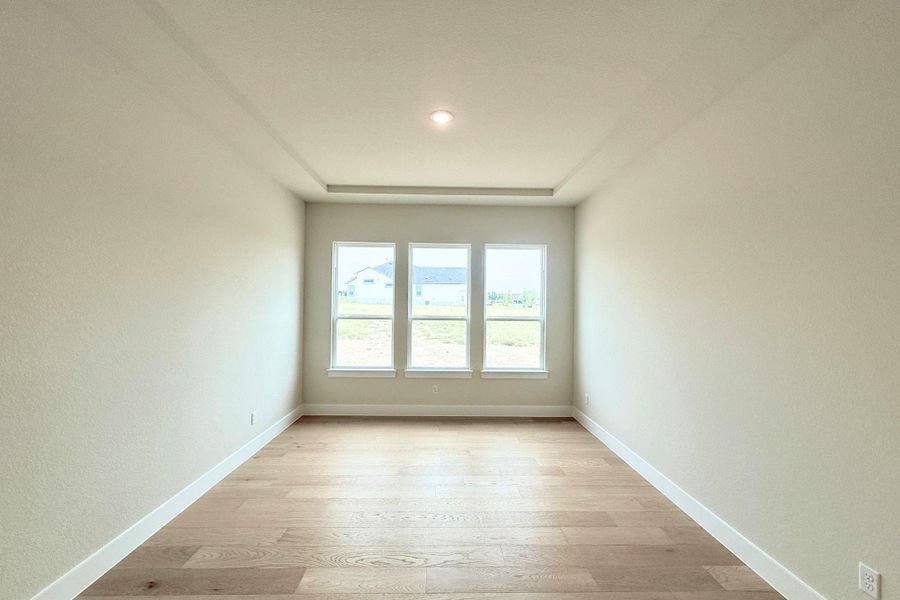 A refined room featuring elegant tray ceilings and rich hardwood flooring. A refined room featuring elegant tray ceilings and rich hardwood flooring.