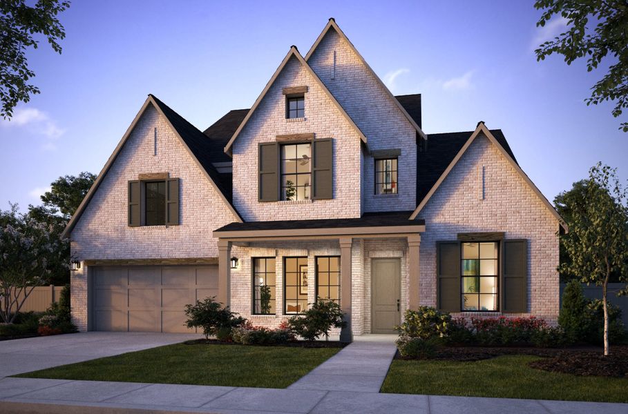 Front exterior of a new home in Windsong Ranch 71' Series, Prosper, TX, highlighting curb appeal (Image 1). Front exterior of a new home in Windsong Ranch 71' Series, Prosper, TX, highlighting curb appeal (Image 1).