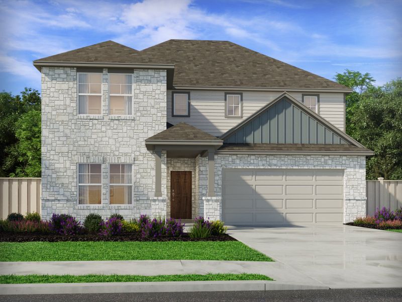 Representative exterior photo of a completed home built from the The Ian (465) by Meritage Homes in Colony at Cole Springs - Boulevard Collection, Buda, TX (Image 2). Representative exterior photo of a completed home built from the The Ian (465) by Meritage Homes in Colony at Cole Springs - Boulevard Collection, Buda, TX (Image 2).