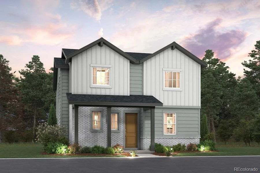 Front exterior of a new home in The Boulevard II Collection at Windler, Aurora, CO, highlighting curb appeal (Image 1).