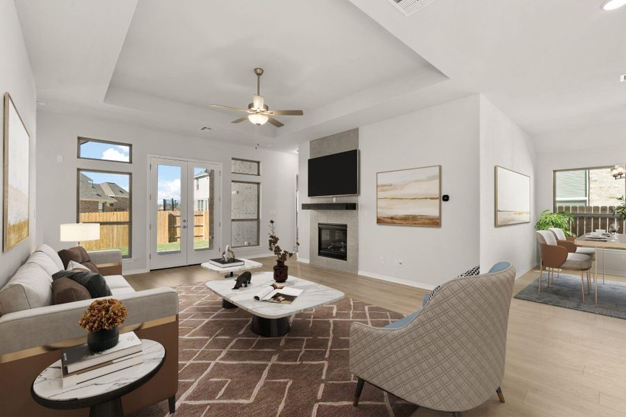 Family Room with Tray ceilings - Virtually Staged