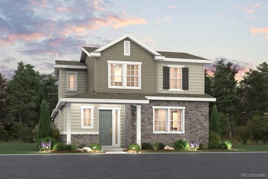 Front exterior of a new home in The Boulevard II Collection at Windler, Aurora, CO, highlighting curb appeal (Image 1).