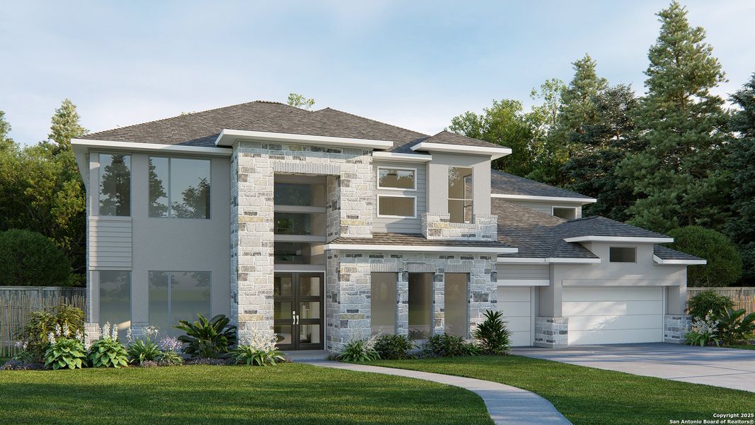 Front exterior of a new home in Esperanza 80', Boerne, TX, highlighting curb appeal (Image 1). Front exterior of a new home in Esperanza 80', Boerne, TX, highlighting curb appeal (Image 1).