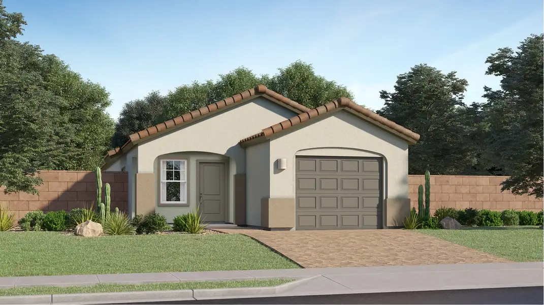 Front exterior of a new home in Western Garden, Phoenix, AZ, highlighting curb appeal (Image 1). Front exterior of a new home in Western Garden, Phoenix, AZ, highlighting curb appeal (Image 1).
