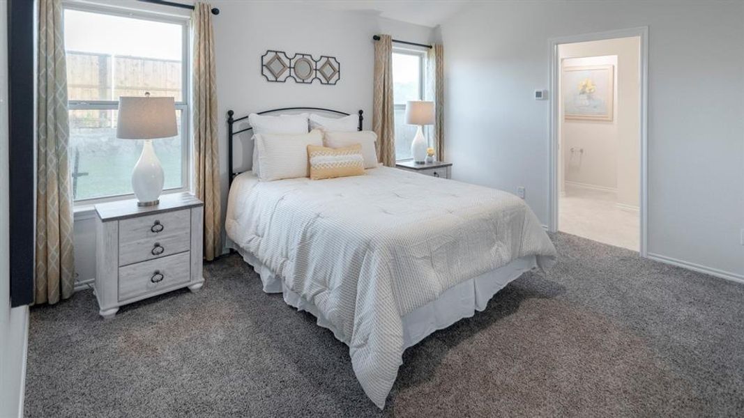 Carpeted bedroom featuring two windows, a white door frame, and light gray walls Carpeted bedroom featuring two windows, a white door frame, and light gray walls