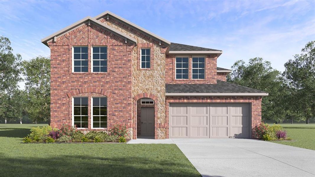 The property features a brick and stone facade with a two-car garage and a paved driveway The property features a brick and stone facade with a two-car garage and a paved driveway