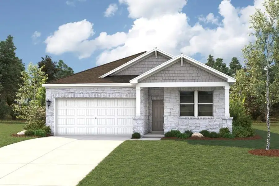 A welcoming stone facade with a shingled gable accentuates this single-story residence. A welcoming stone facade with a shingled gable accentuates this single-story residence.