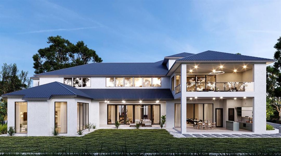 Back of property with a patio area, a balcony, a lawn, stucco siding, and ceiling fan