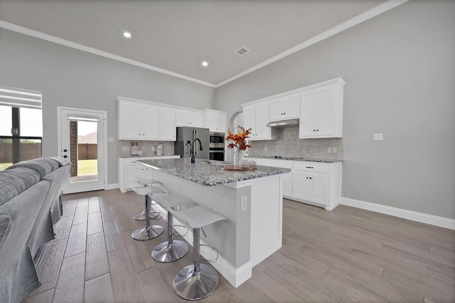 Kitchen featuring under cabinet range hood, a breakfast bar area, tasteful backsplash, stainless steel appliances, and light stone counters Kitchen featuring under cabinet range hood, a breakfast bar area, tasteful backsplash, stainless steel appliances, and light stone counters