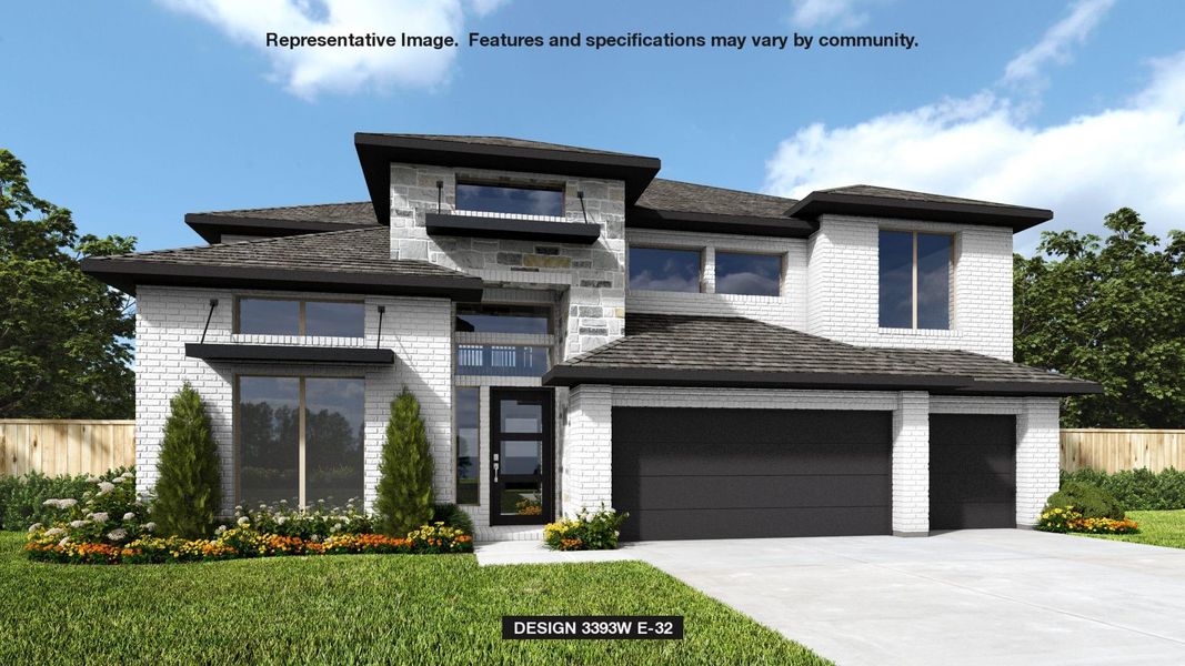 View of front of home with fence, an attached garage, concrete driveway, a front lawn, and brick siding