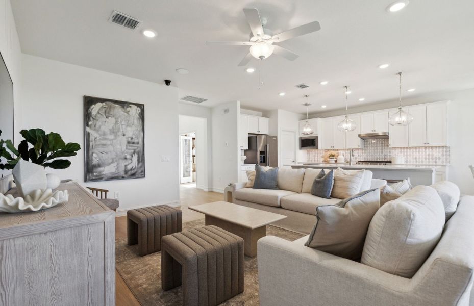 View of kitchen from gathering room in new home construction for Active Adults by Del Webb homebuilders Nashville View of kitchen from gathering room in new home construction for Active Adults by Del Webb homebuilders Nashville