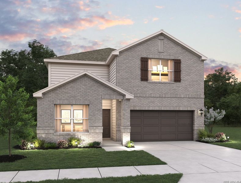 Front exterior of a new home in Saddlebrook Ranch, Schertz, TX, highlighting curb appeal (Image 1). Front exterior of a new home in Saddlebrook Ranch, Schertz, TX, highlighting curb appeal (Image 1).