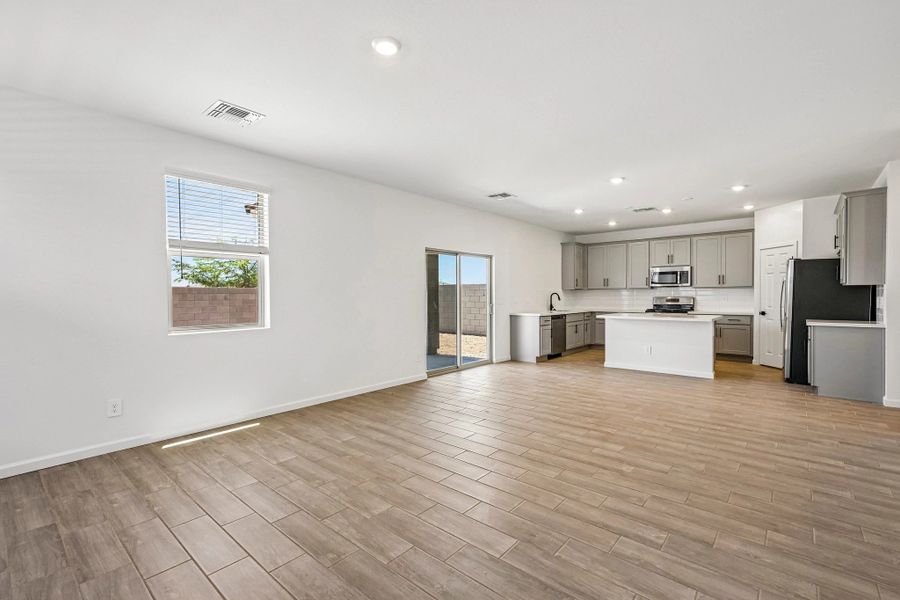 Great room, dining and kitchen