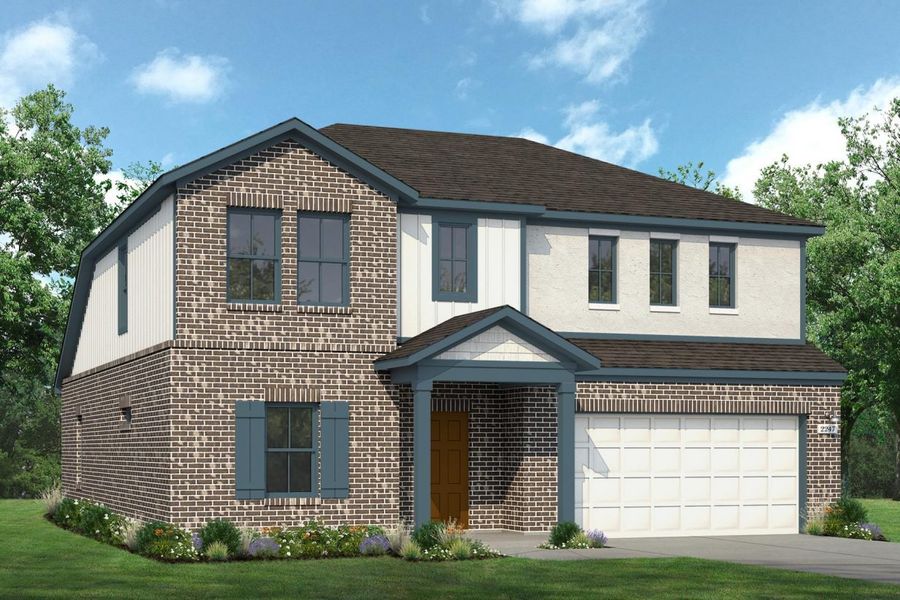 Rendering of two story home with white stucco, siding, and garage, teal accents, with dark brick, driveway, and landscaping