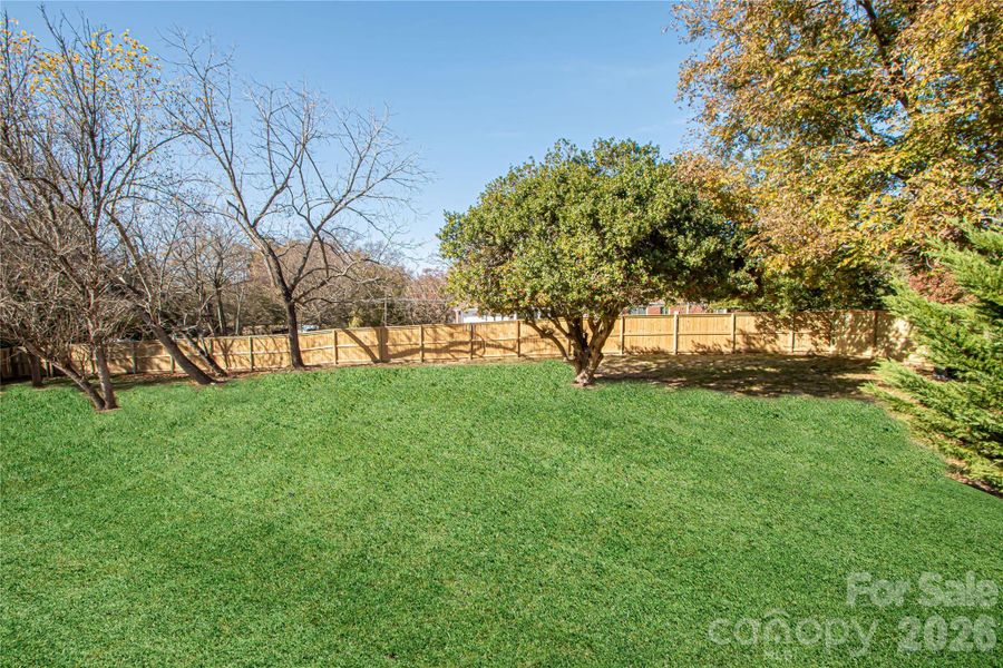 Expansive, flat, fenced backyard provides a serene and peaceful outdoor space. Grass color has been digitally enhanced to reflect its lush spring and summer appearance.