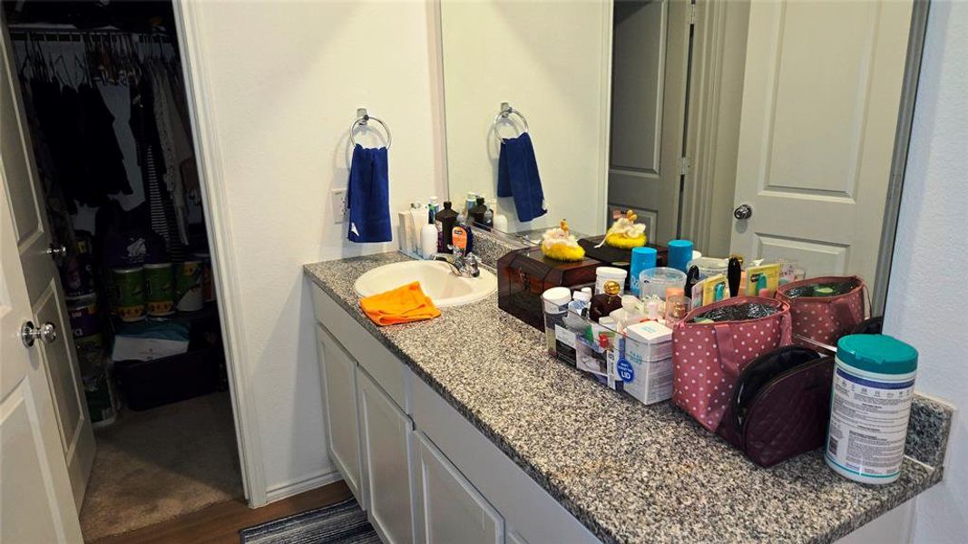 Bathroom featuring a single vanity with a white basin, speckled countertop, and white cabinetry